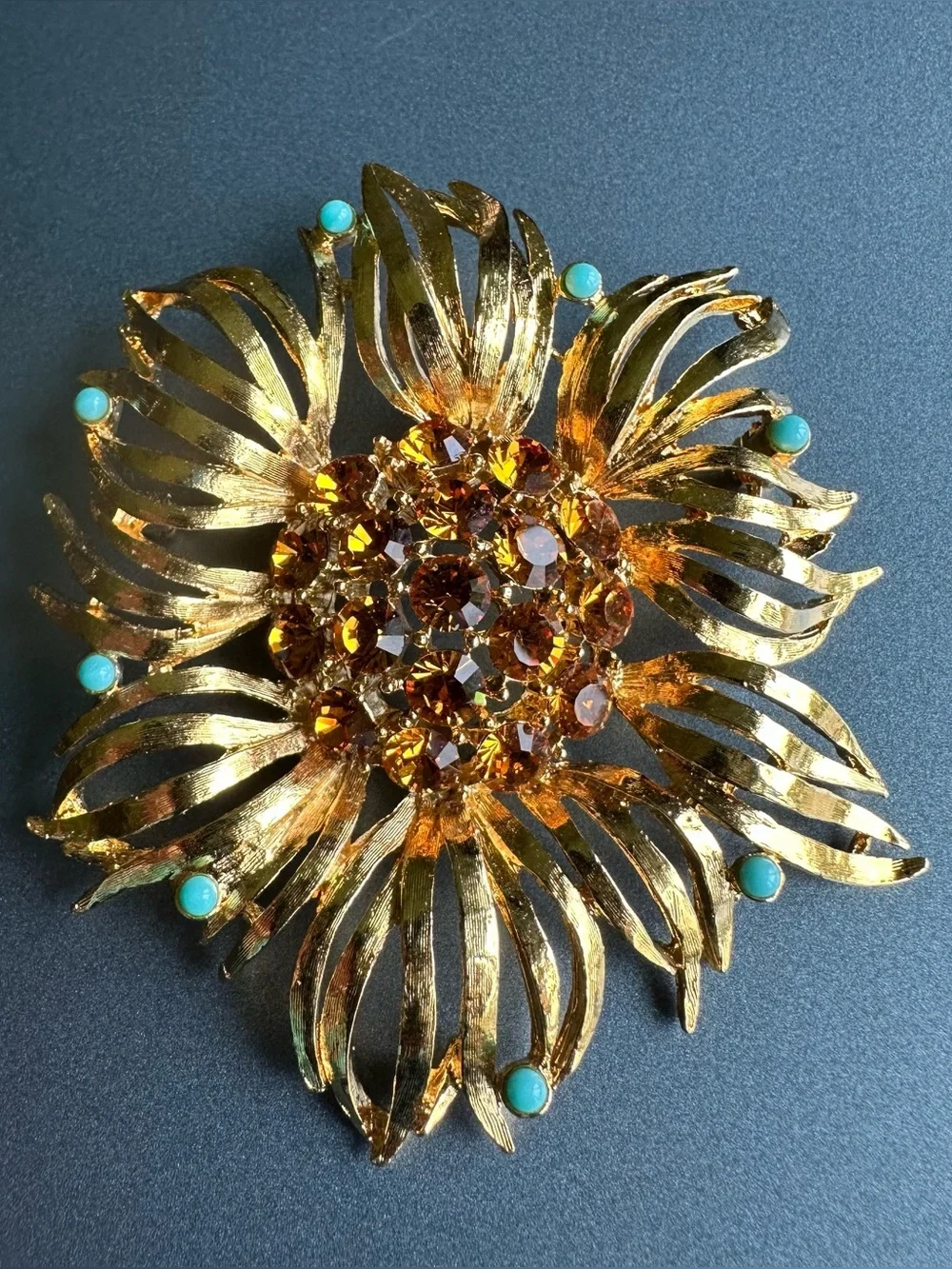 Early 1950s Sarah Coventry Script Signed Flower Brooch Gold Tone Topaz Turquoise